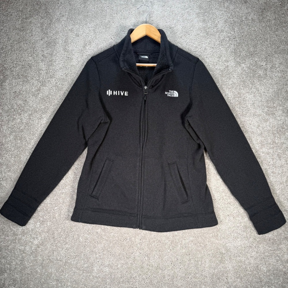 The North Face Womens Large Black Full Zip Fleece Jacket Hive Logo Sherpa Lined